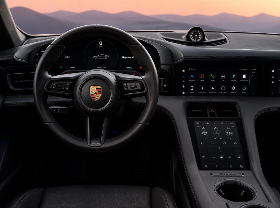 Modern silver Porsche Taycan interior dashboard