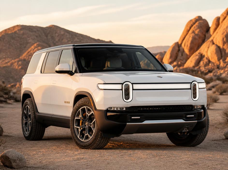 White Rivian R1S electric SUV in a desert setting