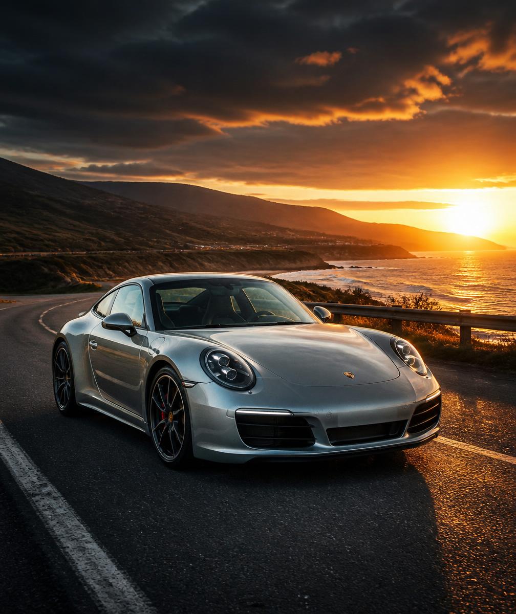 Silver Porsche 911 on a moody coastal road at sunset