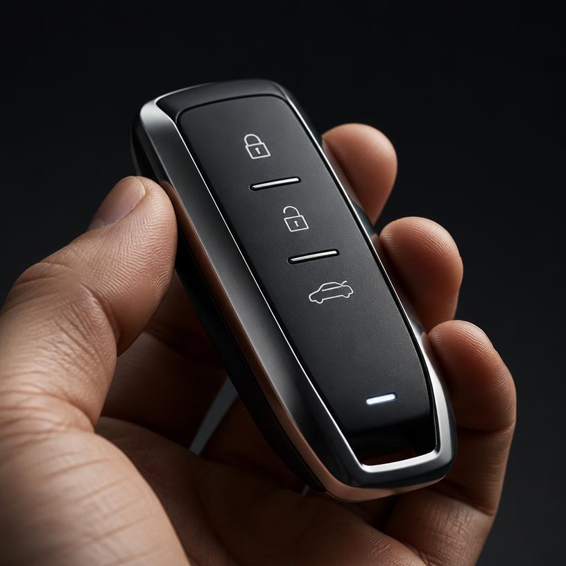 Hand holding a high-tech car key fob against a dark background